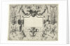 Cartouche surrounded by grotesques, with left and right a basket with flowers by Hieronymus Cock