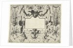 Cartouche surrounded by grotesques, with left and right a basket with flowers by Hieronymus Cock