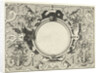 Round cartouche surrounded by scroll work with garlands and fruit bunches by Hieronymus Cock
