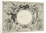 Round cartouche surrounded by scroll work with garlands and fruit bunches by Hieronymus Cock