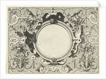 Round cartouche surrounded by scroll work with garlands and fruit bunches by Hieronymus Cock