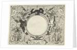 Round cartouche surrounded by scroll work with garlands and fruit bunches by Hieronymus Cock