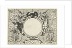 Round cartouche surrounded by scroll work with garlands and fruit bunches by Hieronymus Cock
