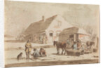 Skaters and a sledge at a farm by Hendrik Spilman