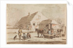 Skaters and a sledge at a farm by Hendrik Spilman