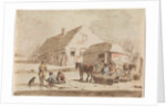 Skaters and a sledge at a farm by Hendrik Spilman