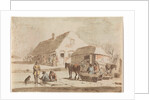 Skaters and a sledge at a farm by Hendrik Spilman