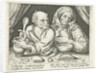 Man and woman eating porridge by Pieter Goos
