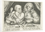 Man and woman eating porridge by Pieter Goos