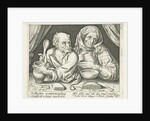 Man and woman eating porridge by Pieter Goos