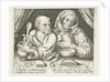 Man and woman eating porridge by Pieter Goos