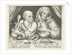 Man and woman eating porridge by Pieter Goos