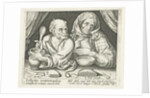 Man and woman eating porridge by Pieter Goos