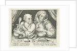 Man and woman eating porridge by Pieter Goos