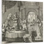 Queen turns a plate of food over above the head of her husband by Aart Wolsgrein