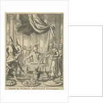 Two priests offer a king a book during a meal by Willem Broedelet