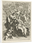 Two allegorical female figures surrounded by angels in front of a memorial by Caspar Luyken