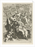 Two allegorical female figures surrounded by angels in front of a memorial by Caspar Luyken