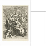 Two allegorical female figures surrounded by angels in front of a memorial by Caspar Luyken