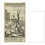 Female holding a burning heart, beholds the crucified Christ by Gijsbert de Groot