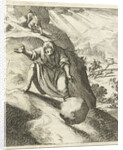 A man looks at a big stone rolling down a mountain after it slipped out of his hands by Pieter Arentsz II