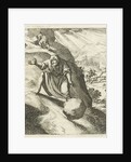 A man looks at a big stone rolling down a mountain after it slipped out of his hands by Pieter Arentsz II