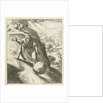 A man looks at a big stone rolling down a mountain after it slipped out of his hands by Pieter Arentsz II