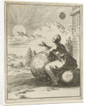 Female looking, sitting on a globe and leaning on a celestial globe, the setting sun by Jan Luyken