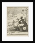 Female looking, sitting on a globe and leaning on a celestial globe, the setting sun by Jan Luyken