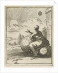 Female looking, sitting on a globe and leaning on a celestial globe, the setting sun by Jan Luyken