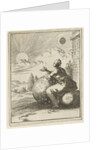 Female looking, sitting on a globe and leaning on a celestial globe, the setting sun by Jan Luyken
