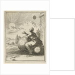 Female looking, sitting on a globe and leaning on a celestial globe, the setting sun by Jan Luyken