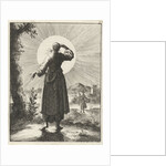 Woman holds her hand before her eyes while looking at the sun by Pieter Arentsz II