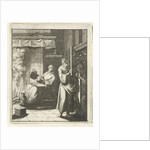 Woman opens the door for a figure who stands outside in a snowstorm by Jan Luyken