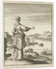 Woman overlooking a bay where a boat is pulled by a group of men by Pieter Arentsz II