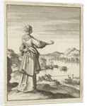 Woman overlooking a bay where a boat is pulled by a group of men by Pieter Arentsz II