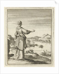 Woman overlooking a bay where a boat is pulled by a group of men by Pieter Arentsz II