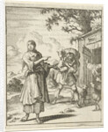 Woman pointing to a found sheep brought back to the stable on the shoulders of a man by Pieter Arentsz II