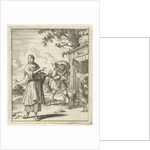 Woman pointing to a found sheep brought back to the stable on the shoulders of a man by Pieter Arentsz II