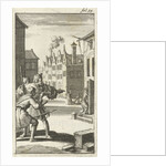 Three men see Sin enter a house by Abraham Boekholt