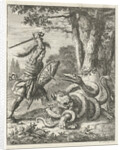 Godfrey of Bouillon free a lion from the stranglehold of a snake by Jan Luyken