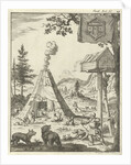 Laplander aims his bow and arrow at a wolf and a bear, Lapland by Jan Claesz ten Hoorn