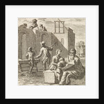 Grandfather shows his grandchild a leaf while in the background a house is built by Pieter Arentsz II