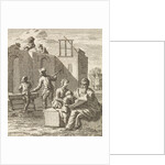 Grandfather shows his grandchild a leaf while in the background a house is built by Pieter Arentsz II