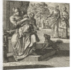 Mother washes her child on the sidewalk in front of the house by Jan Luyken