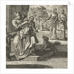 Mother washes her child on the sidewalk in front of the house by Jan Luyken