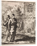 Two travelers watching a man behind the bars of a prison by Pieter Arentsz & Cornelis van der Sys II
