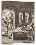 Sick man is lonely in bed while outside two men walking past by Pieter Arentsz & Cornelis van der Sys II