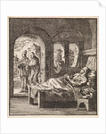 Sick man is lonely in bed while outside two men walking past by Pieter Arentsz & Cornelis van der Sys II
