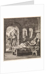 Sick man is lonely in bed while outside two men walking past by Pieter Arentsz & Cornelis van der Sys II